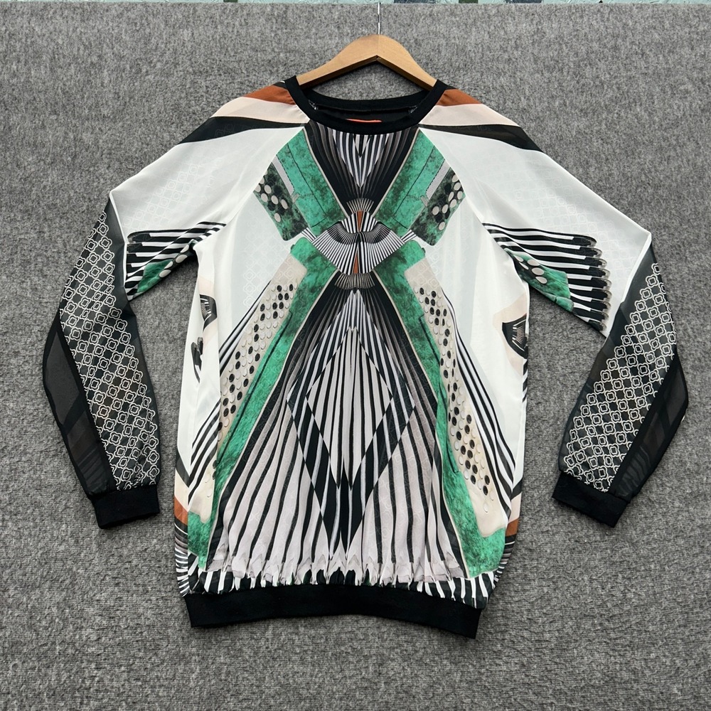 Clover Canyon Womens Abstract Print Accordion Blouse White Green Large Sheer